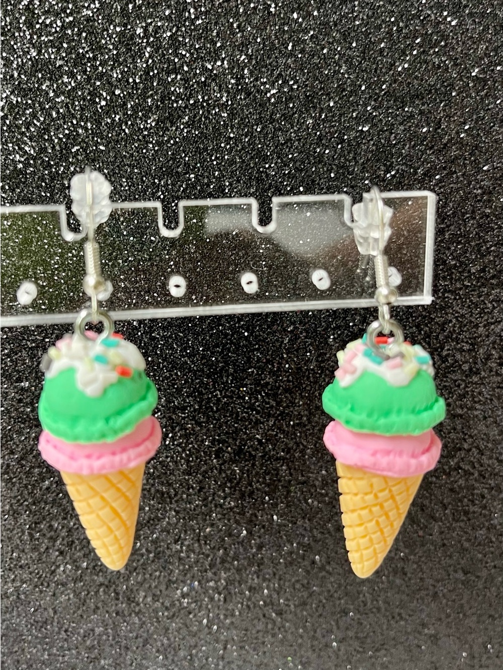 Cute Pink & Green Ice Cream Cone Dangle Earrings